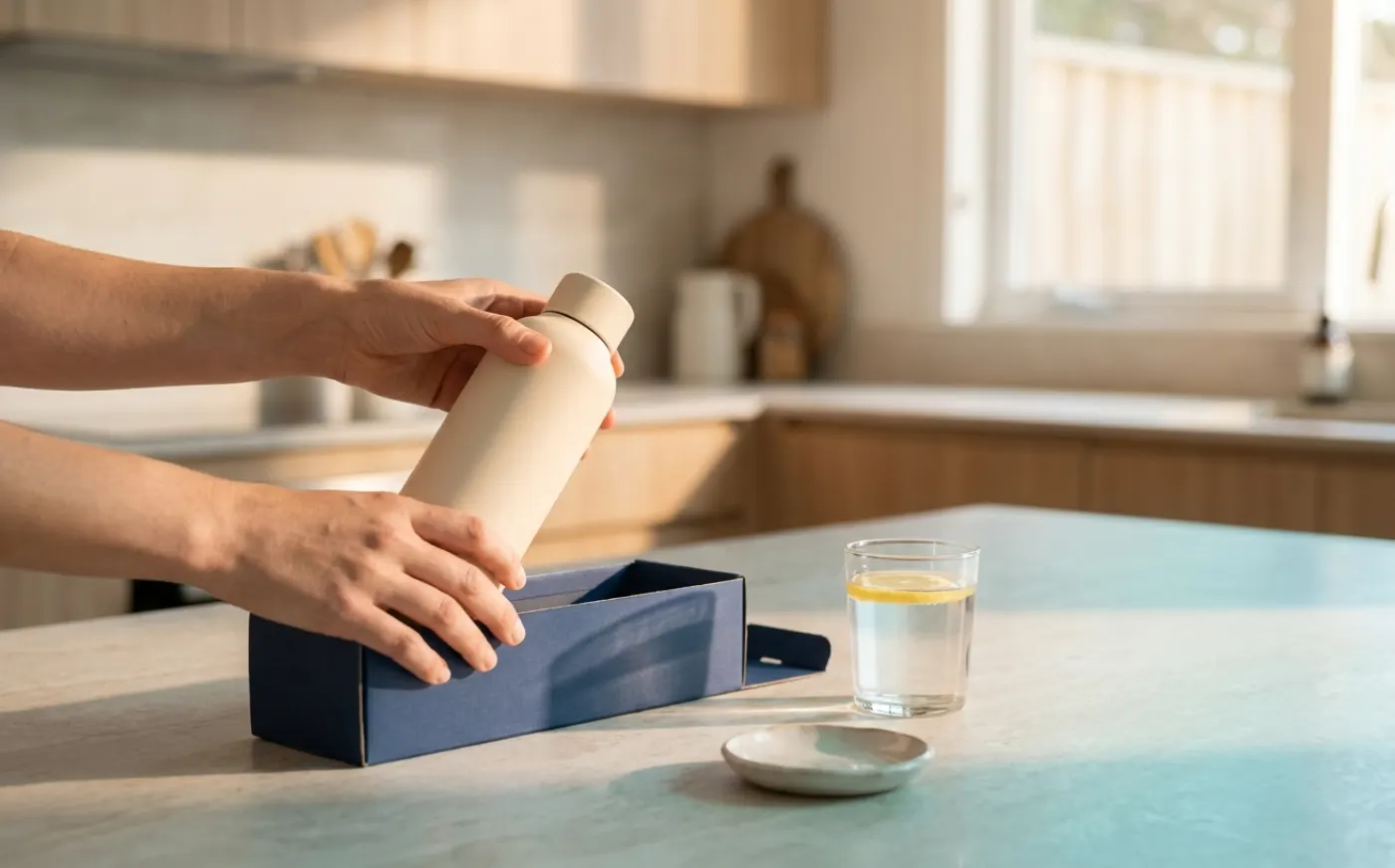 Hands lifting a cream prescription bottle from a navy box in a sunlit kitchen